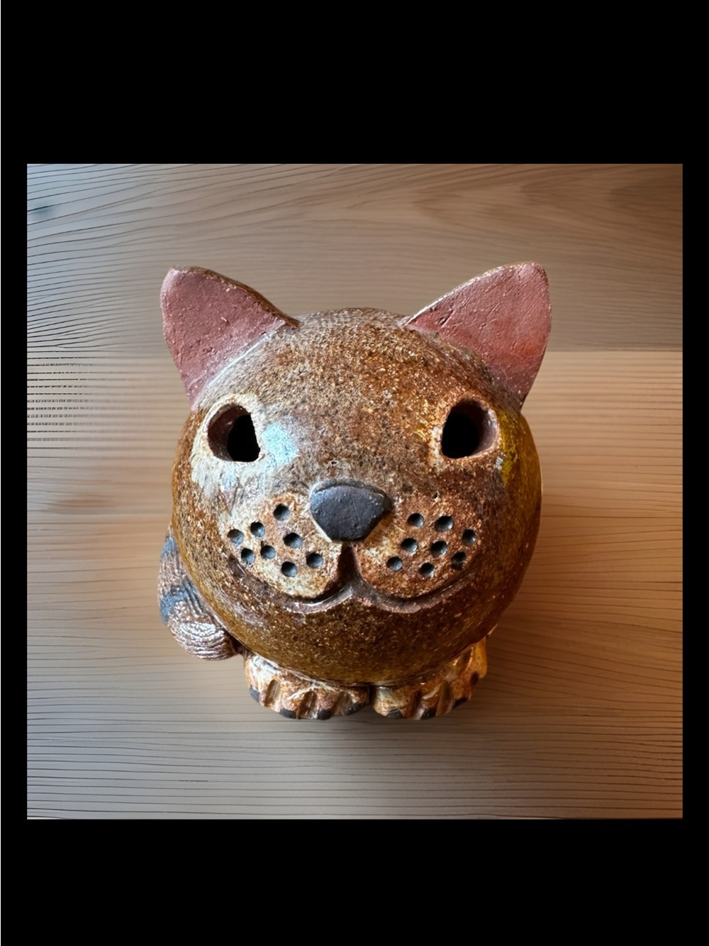 Vintage 1980s brown stoneware chubby cat Small pottery sculpture Signed